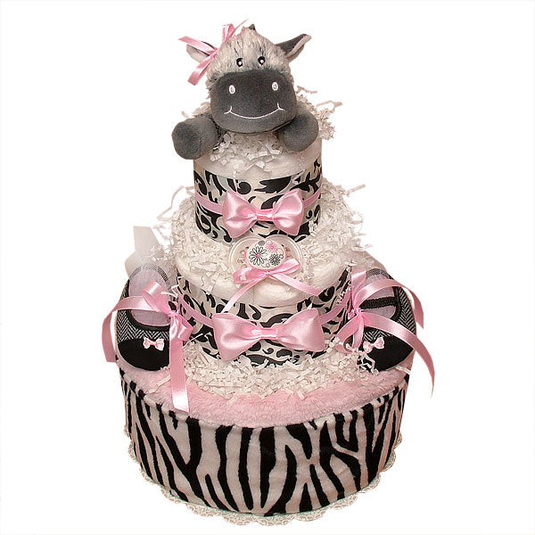 White, Black and Pink Zebra Diaper Cake