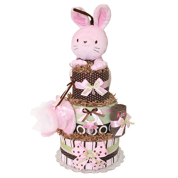 Brown and Pink Bunny Diaper Cake