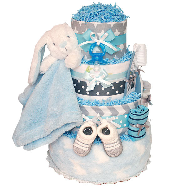 Grey and Blue Bunny Diaper Cake
