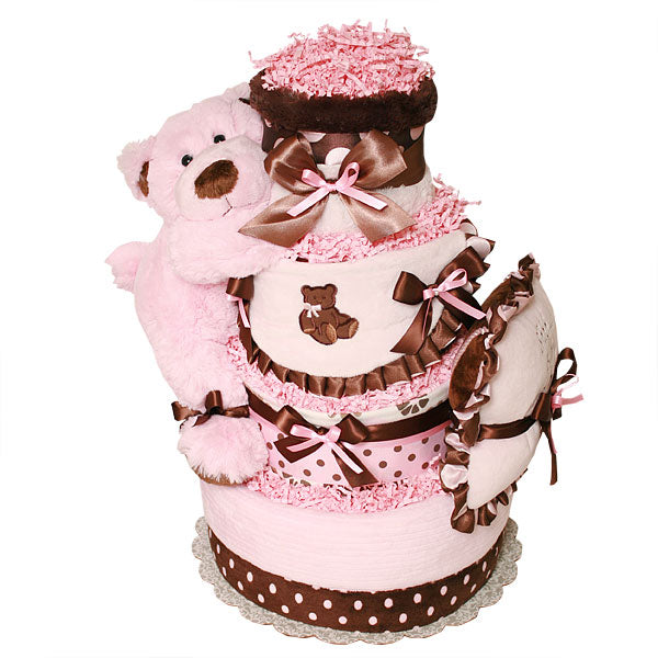 Big Pink and Brown Sleeping Bear Diaper Cake