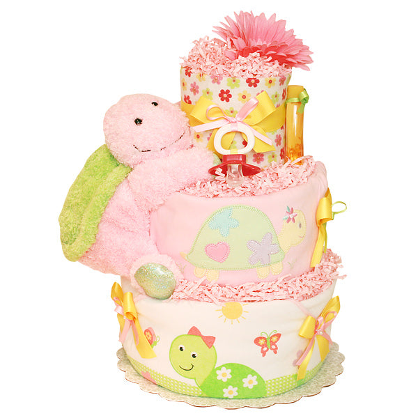 Green and Pink Turtle Diaper Cake