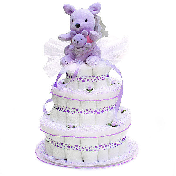 Lavender Kangaroo with her baby Diaper Cake